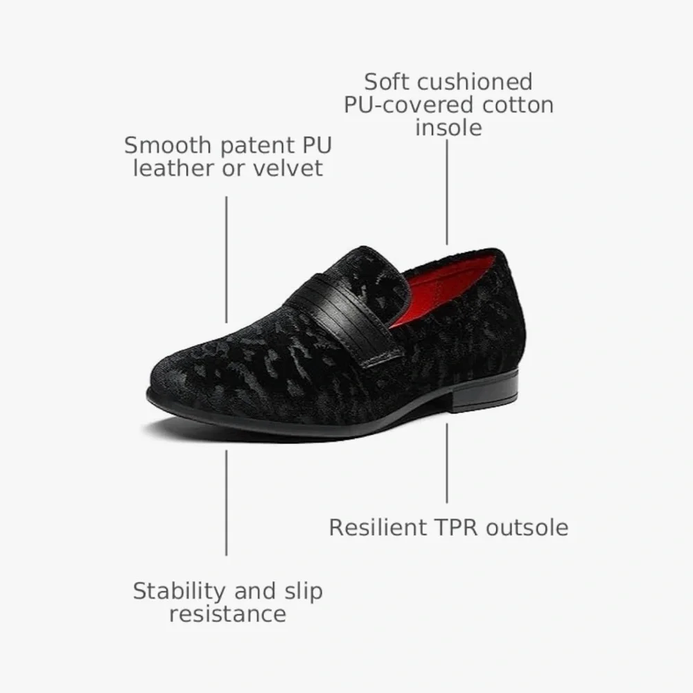 Bruno Mark PU Velvet Boys Black Dress Shoes Loafers with Red Lining size 13